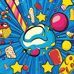 Obraz premium Pop art cartoon background with lively blue hues and classic comic elements.