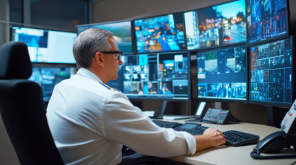 A security officer monitoring surveillance cameras in a control room, showcasing modern technology and law enforcement practices