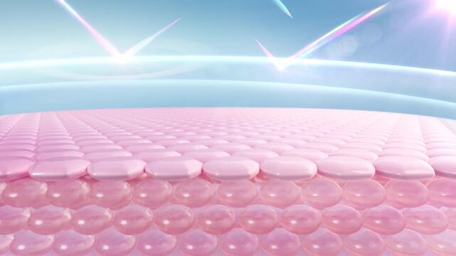 3D animation of skin cells. Skin cells with UV protection. Cosmetic, sunscreen, cream, and serum advertisements. UV shield reflects double shield protection.