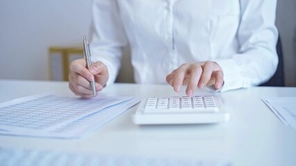 Businesswoman with white blues calculating finance with calculator and taking notes at office table. Audit and taxes