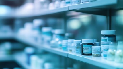 A shelf filled with various medication containers in a pharmacy setting.