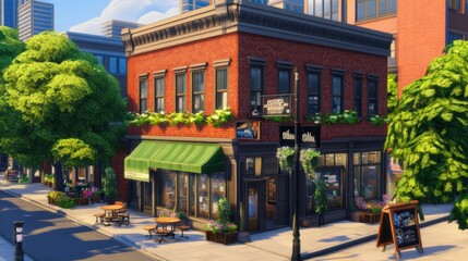 Fototapeta premium Cozy corner cafe with outdoor seating on a sunny day