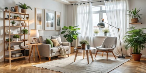 Cozy Living Room with Grey Sofa, Wooden Shelf and Natural Light, interior design , living room, minimalist, cozy