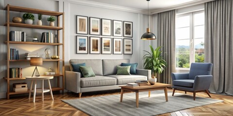 Cozy Living Room with Gray Sofa and Wooden Bookshelf, Grey Couch, Wooden Floor, Large Window, Modern Interior Design, living room, interior design