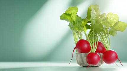 A bunch of fresh, vibrant red radishes with green leaves sit in a white wicker basket on a light green background.  The radishes are crisp and juicy, symbolizing health, freshness, and vitality. The l