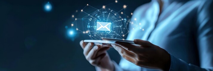 A businesswoman uses her smartphone to design an email template for an automated marketing campaign, symbolizing digital marketing, email automation, technology, communication, and business growth.