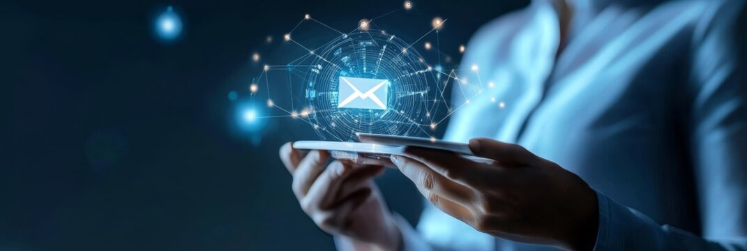 A businesswoman uses her smartphone to design an email template for an automated marketing campaign, symbolizing digital marketing, email automation, technology, communication, and business growth.