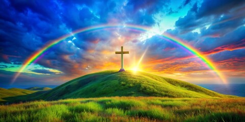 Obraz premium Cross on Hilltop with Rainbow, Digital Painting, Landscape, Cross, Heaven, Rainbow, Hilltop