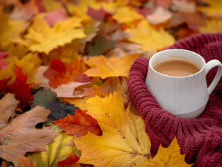 Cozy Autumn Ambiance: Colorful Leaves, Knit Sweater, and Hot Cocoa Delight in Fall Season Harmony