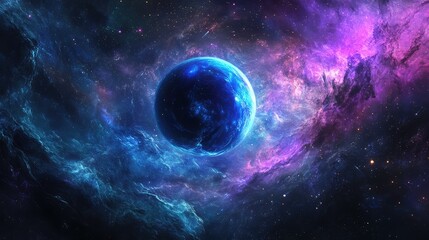 Neptune in a vibrant galaxy, with swirling cosmic dust and glowing stars creating a breathtaking view of the universe.
