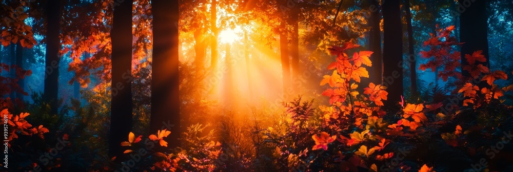 Poster a captivating image of a forest bathed in the warm glow of autumn. sunlight streams through the tree