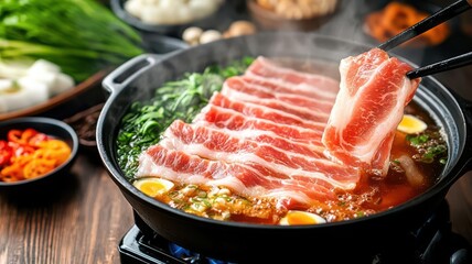 Delicious hot pot featuring thinly sliced meat and fresh vegetables, perfect for a cozy meal or gathering with friends.