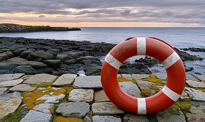 Naklejka premium A red and white life ring sits on a cobbled jetty overlooking the sea at sunset.