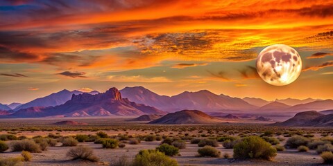 Desert Sunset with Full Moon, Mountain Silhouette, and Golden Clouds, desert, sunset, moon, landscape