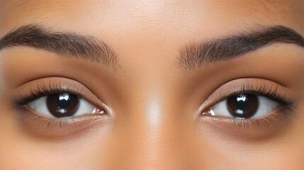 A detailed view of perfectly shaped eyebrows enhances striking eyes, showcasing a smooth complexion in soft, even lighting for a natural look