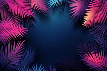 Neon palm leaves frame on dark blue background.