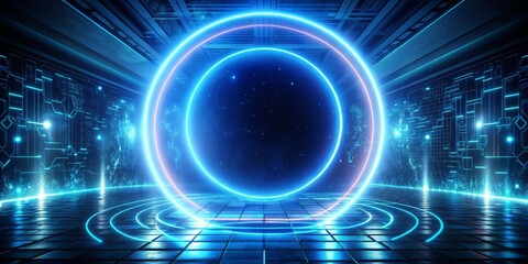 Digital Portal - Blue Neon Glowing Ring, Futuristic, Abstract, Cyberpunk, Sci-fi, 3D Render, Neon Light