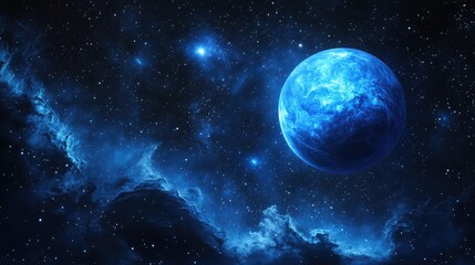 Obraz premium Neptune glowing softly in a starry galaxy, with swirling interstellar clouds and bright stars providing a beautiful backdrop.