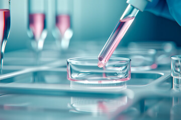 A scientist is using a pipette to draw a pink liquid into a petri dish