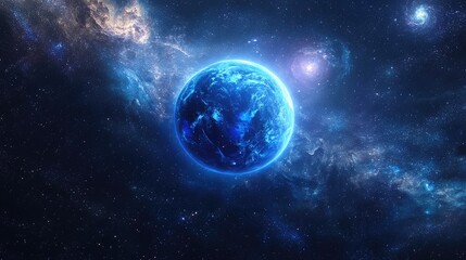 Obraz premium Neptune glowing amidst a star-filled galaxy, with swirling cosmic dust and distant galaxies in the background.