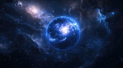 Obraz premium Neptune glowing amidst a star-filled galaxy, with swirling cosmic dust and distant galaxies in the background.