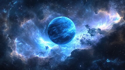Obraz premium Neptune floating majestically in a star-filled galaxy, surrounded by swirling cosmic clouds and distant nebulae.