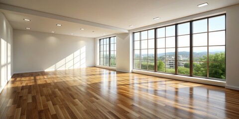 Fototapeta premium Empty Room with Large Windows and Wooden Floor, interior design , house , home , empty room