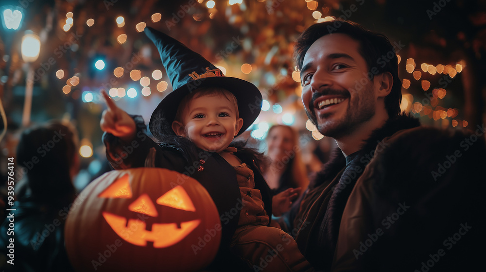 Wall mural a parent and child in halloween costumes, outdoor halloween party