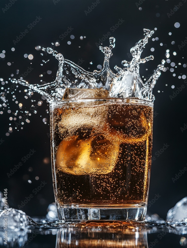 Aufkleber a close-up of a glass filled with ice and a soda drink. the soda is splashing out of the glass, crea