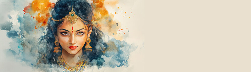 Beautiful young indian woman wearing traditional gold jewelry, makeup, and flowers in her hair in celebration of the hindu festival of navaratri. Illustration. Banner. Copy space