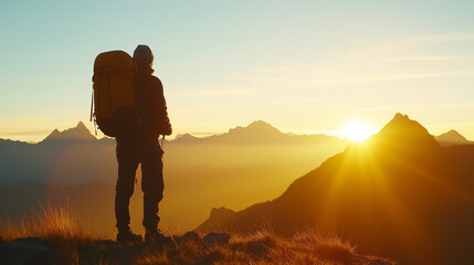Fototapeta premium A lone traveler standing in awe before the majestic ruins of Machu Picchu at sunrise.