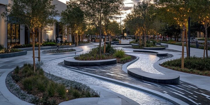 Serpentine water feature in a modern urban plaza.