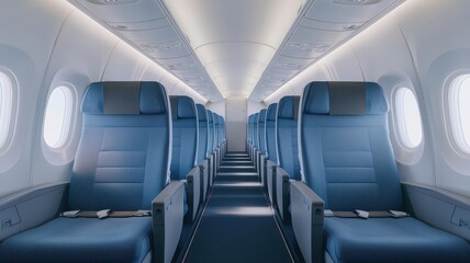 Fototapeta premium A serene view of an empty airplane interior showcasing modern seating and soft lighting, perfect for travel promotions.