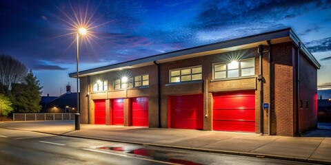 Fire Station under the Night Sky, Brick Architecture, Red Doors, Night Photography, urban, architecture, fire