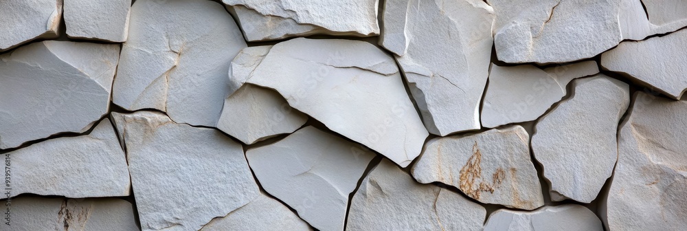 Poster a close-up of a white stone tile wall with an irregular, natural pattern. the tiles are stacked in a
