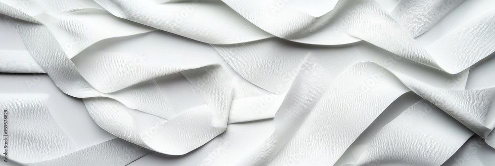 Poster a close-up of smooth, white fabric folded and crumpled, creating an abstract background with soft, f