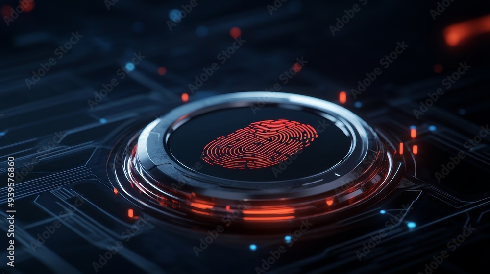 Poster a close-up of a futuristic fingerprint sensor, embedded in a circuit board, symbolizing security, au