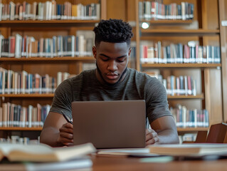 Determined College Student Studying in Library with Textbooks and Laptop - Academic Dedication Concept