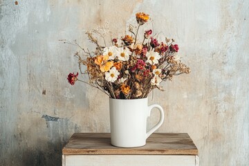 Image of A bouquet of dried flowers in a white mug on a wooden table in front of a grunge wall. printed on Printed Glass Basin Splashbacks
