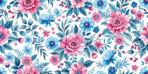 Floral Watercolor Seamless Pattern Blue and Pink Flowers on White Background, seamless pattern , floral design , watercolor flowers , botanical art