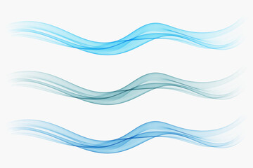 Set of blue smoky waves. Abstract blue transparent wavy lines.