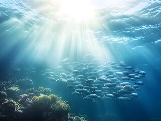 Obraz premium Serene Underwater Scene with School of Silvery Fish and Coral Reef Background