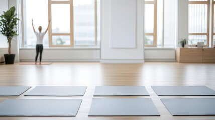 Fototapeta premium A serene yoga studio featuring mats, natural light, and a person practicing yoga, promoting relaxation and wellness.