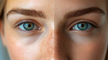 Fototapeta premium A close-up view showcases the distinct differences in a person's appearance, highlighting changes around the eyes and skin texture in natural lighting