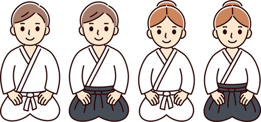 Cute cartoon Aikido man and woman sitting on the floor seiza style. Hakama pants and white kimono uniform. Simple drawing, clip art illustration.
