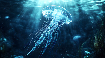 Serene Underwater World: Mesmerizing Jellyfish Floating Gracefully in Soft Illumination