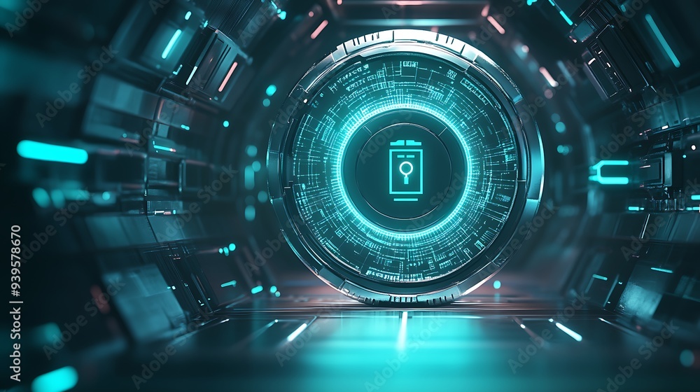 Aufkleber futuristic cybernetic lock with turquoise light effects on digital display desk, concept of encrypte