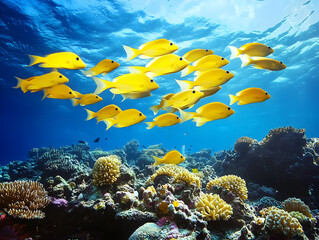 Vibrant Yellow Fish School in a Colorful Coral Reef Underwater Wonderland