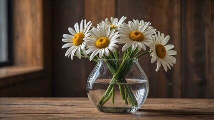 stock photography daisy flower in a beautiful vase with a background of wooden table