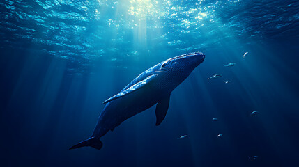 Naklejka premium Majestic Whale Gliding Through Undersea Scene with Small Fish and Soft Light Filtering Down from Surface